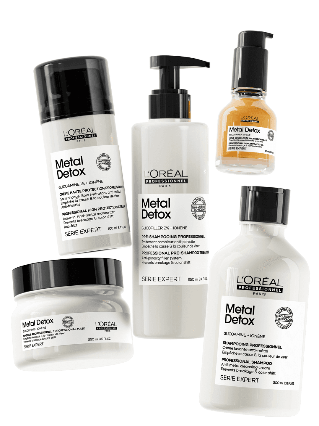 Le rituel de soin Metal Detox de L'Oréal Professionnel chez Franck Provost : shampooing, soin masque, crème et huile.